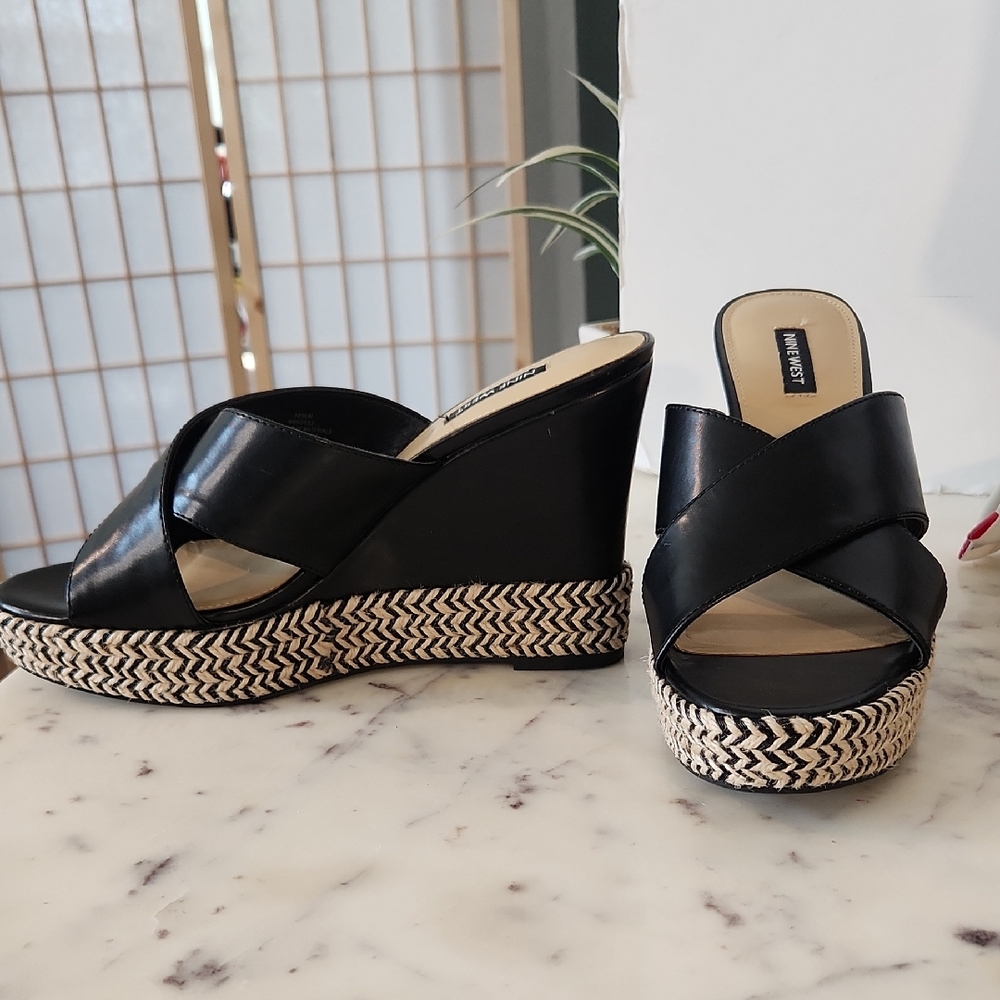 Nine West Black Cross-Strap Espadrille Wedge Sandals Sz 10.5